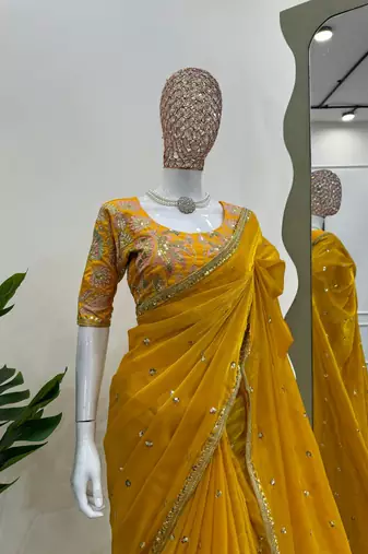 Yellow jimmy choo silk with 3mm sequence embroidery work lace border with blouse