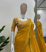 Yellow jimmy choo silk with 3mm sequence embroidery work lace border with blouse