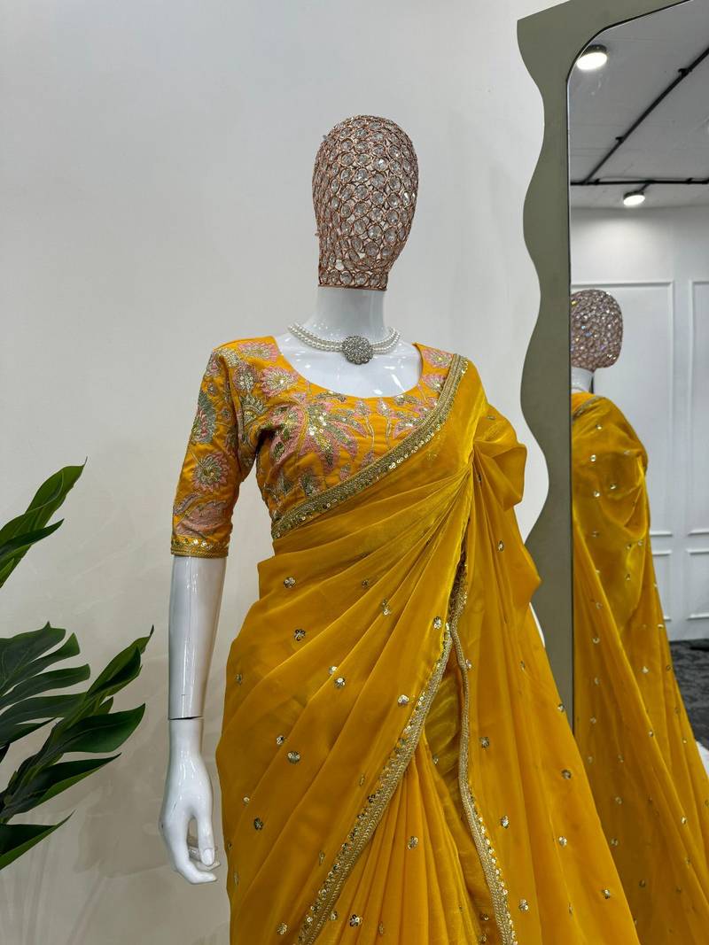 Yellow jimmy choo silk with 3mm sequence embroidery work lace border with blouse