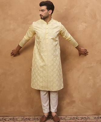 Men yellow silk blend solid embroidered straight kurta 3