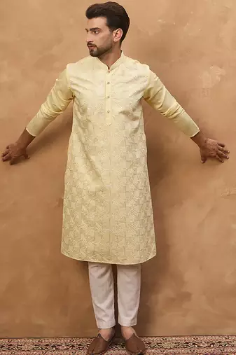 Men yellow silk blend solid embroidered straight kurta