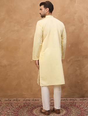 Men yellow silk blend solid embroidered straight kurta 4