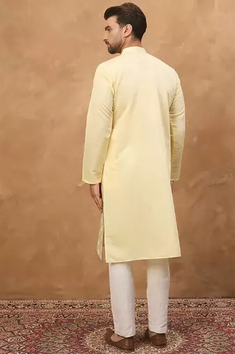 Men yellow silk blend solid embroidered straight kurta