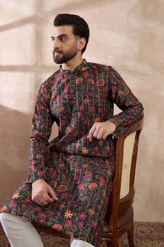 Men black silk blend embroidered mandarin collar straight kurta with trouser