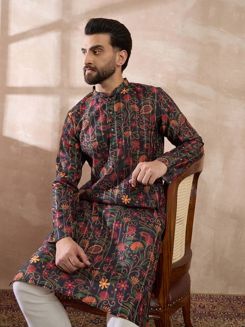 Men black silk blend embroidered mandarin collar straight kurta with trouser