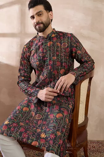 Men black silk blend embroidered mandarin collar straight kurta with trouser