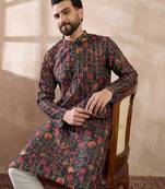 Men black silk blend embroidered mandarin collar straight kurta with trouser