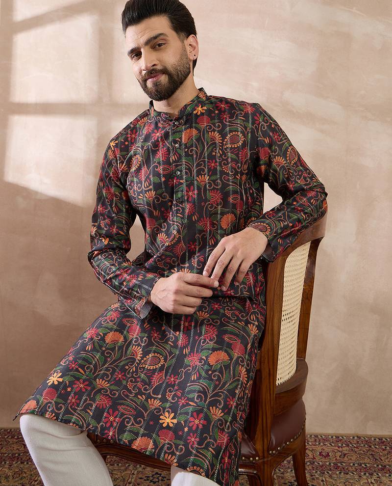 Men black silk blend embroidered mandarin collar straight kurta with trouser