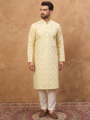 Men yellow silk blend solid embroidered straight kurta 5