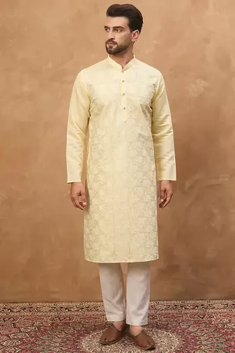 Men yellow silk blend solid embroidered straight kurta