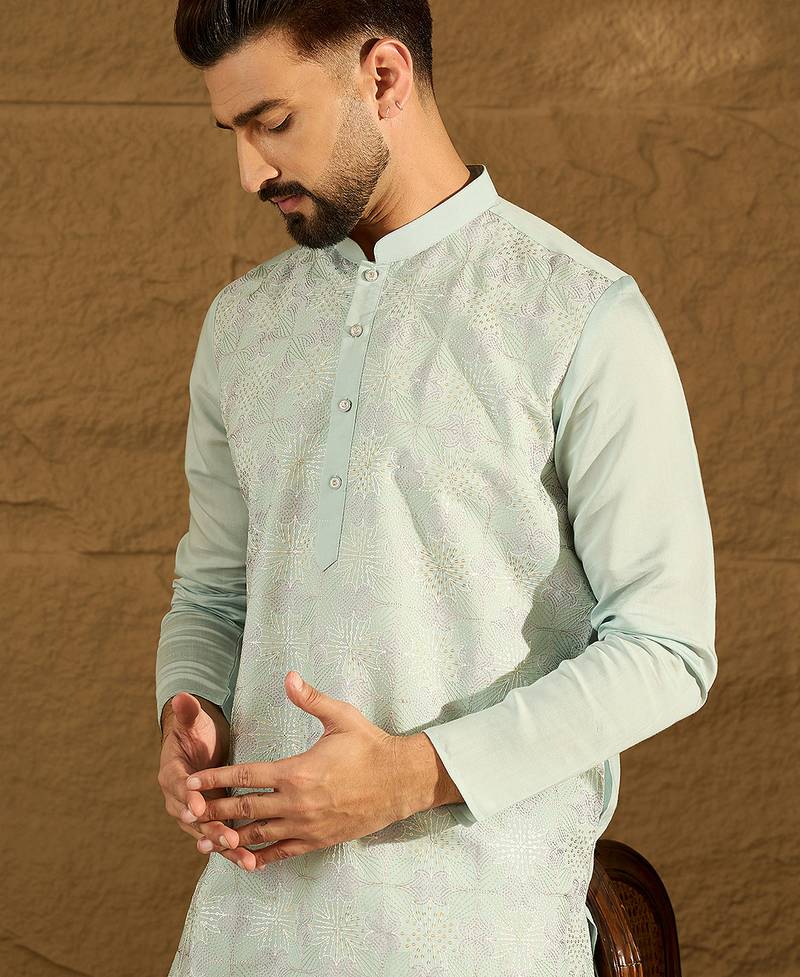 Men blue silk blend solid embroidered straight kurta