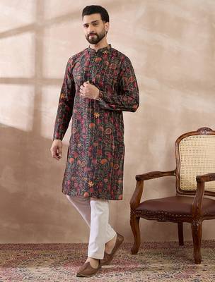 Men black silk blend embroidered mandarin collar straight kurta with trouser 3