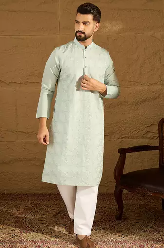 Men blue silk blend solid embroidered straight kurta