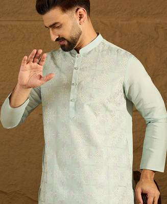 Men blue silk blend solid embroidered straight kurta 3