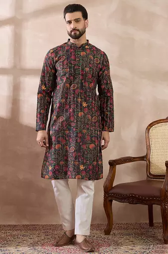 Men black silk blend embroidered mandarin collar straight kurta with trouser