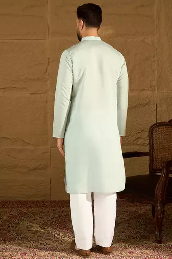Men blue silk blend solid embroidered straight kurta