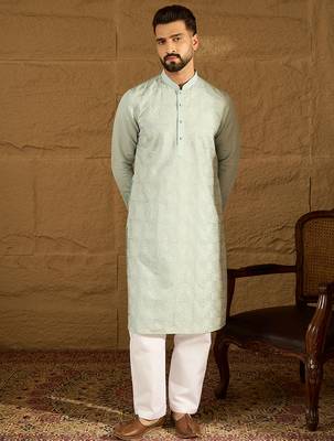 Men blue silk blend solid embroidered straight kurta 5