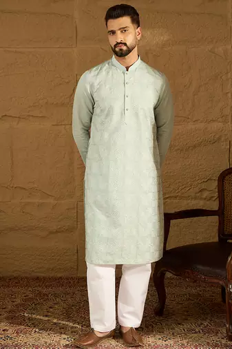 Men blue silk blend solid embroidered straight kurta
