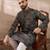 Men black silk blend printed mandarin collar straight kurta with trouser