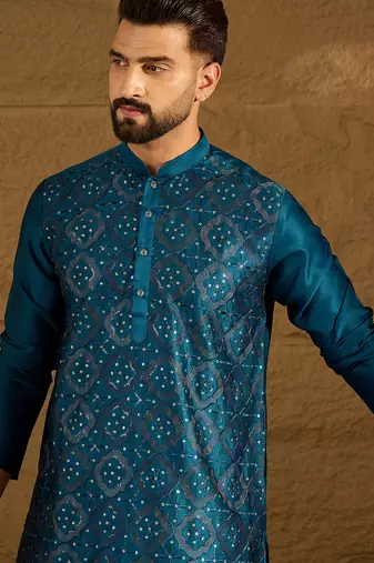 Men blue silk blend solid embroidered straight kurta