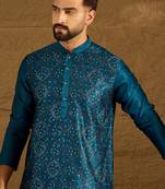 Men blue silk blend solid embroidered straight kurta