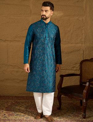 Men blue silk blend solid embroidered straight kurta 2