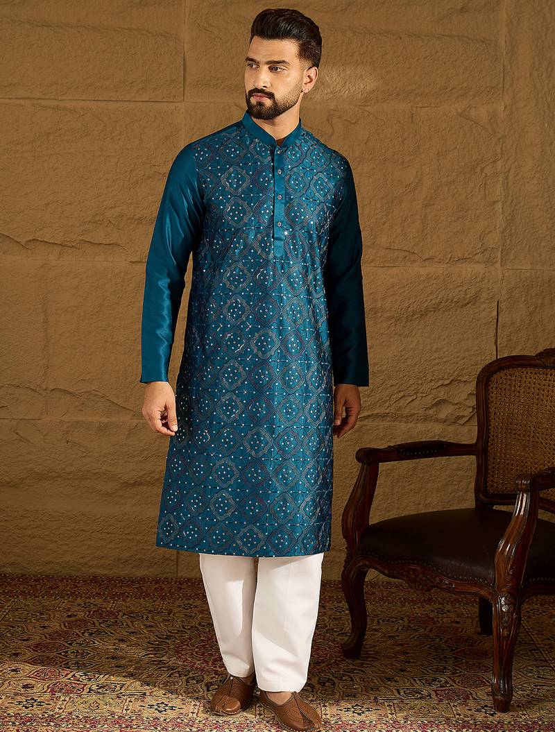 Men blue silk blend solid embroidered straight kurta