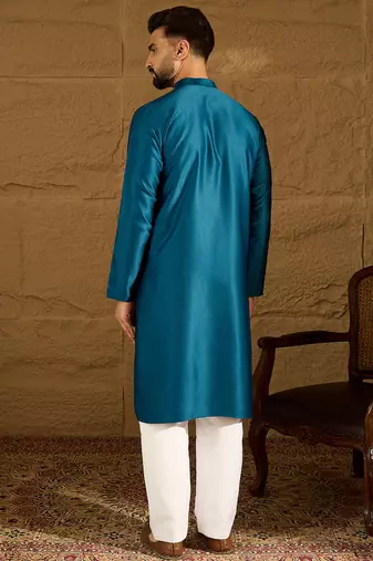 Men blue silk blend solid embroidered straight kurta