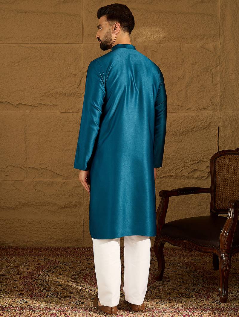 Men blue silk blend solid embroidered straight kurta