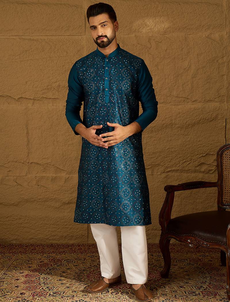Men blue silk blend solid embroidered straight kurta