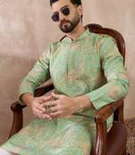 Men green silk blend printed mandarin collar straight kurta with trouser