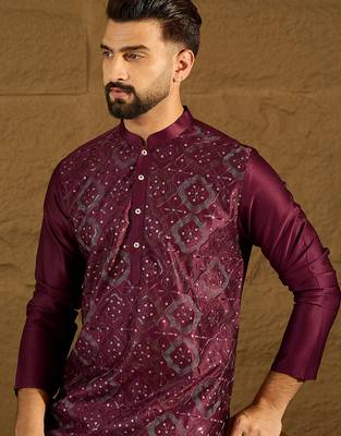 Men purple silk blend solid embroidered straight kurta 1