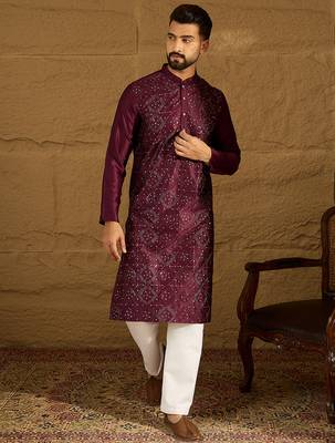 Men purple silk blend solid embroidered straight kurta 2