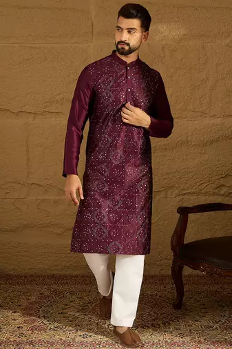 Men purple silk blend solid embroidered straight kurta