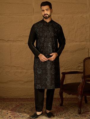 Men black silk blend solid embroidered straight kurta 1