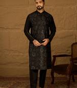 Men black silk blend solid embroidered straight kurta
