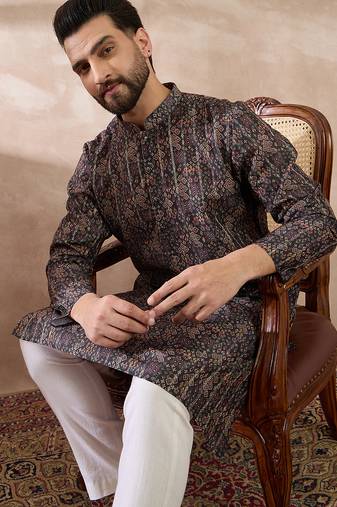 Men black silk blend printed mandarin collar straight kurta with trouser