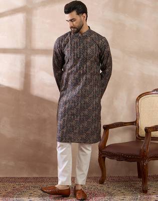 Men black silk blend printed mandarin collar straight kurta with trouser 3