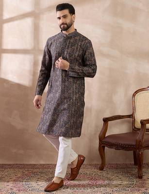 Men black silk blend printed mandarin collar straight kurta with trouser 5