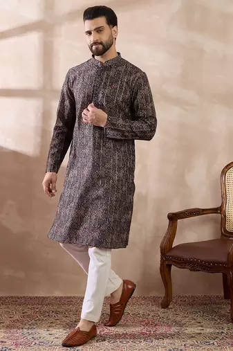 Men black silk blend printed mandarin collar straight kurta with trouser