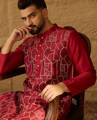 Men maroon silk blend solid embroidered straight kurta 1