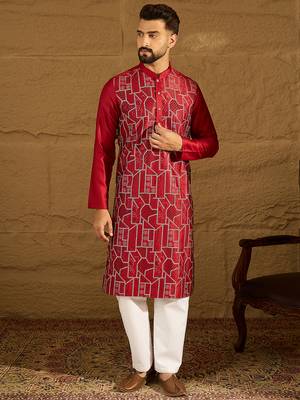 Men maroon silk blend solid embroidered straight kurta 2