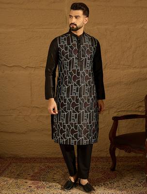 Men black silk blend solid embroidered straight kurta 2