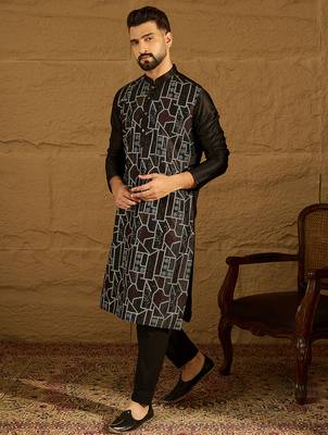 Men black silk blend solid embroidered straight kurta 5