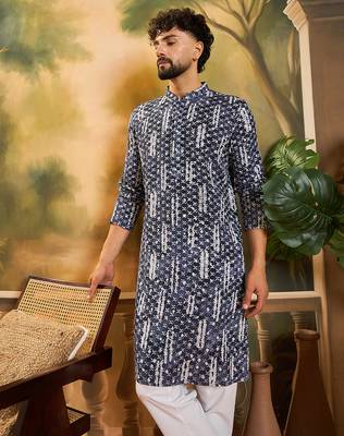 Men blue viscose rayon shibori embroidered straight kurta 1