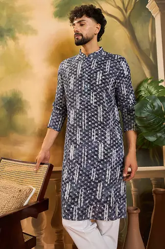 Men blue viscose rayon shibori embroidered straight kurta
