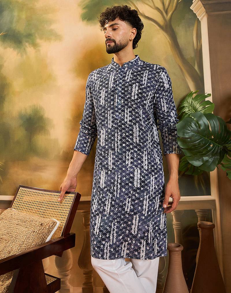 Men blue viscose rayon shibori embroidered straight kurta