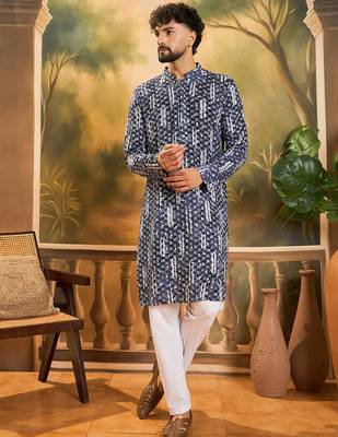 Men blue viscose rayon shibori embroidered straight kurta 2