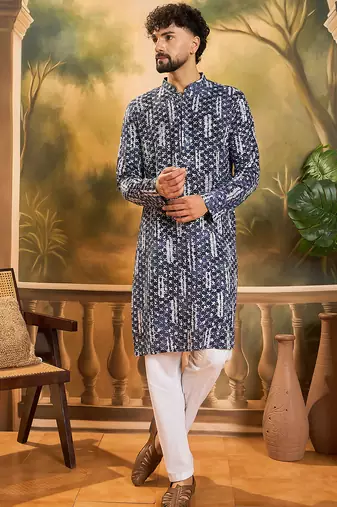 Men blue viscose rayon shibori embroidered straight kurta