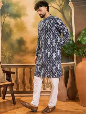 Men blue viscose rayon shibori embroidered straight kurta 3